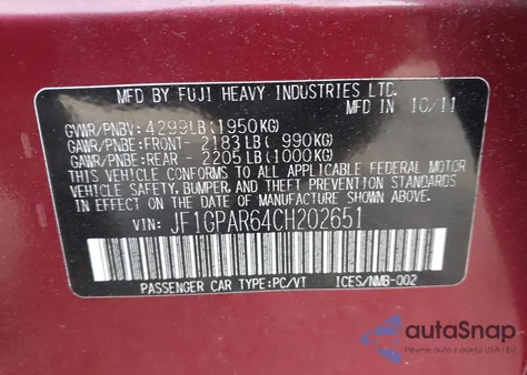 2012 Subaru Impreza 2.0I Sport Limited from USA, damaged, VIN JF1GPAR64CH202651